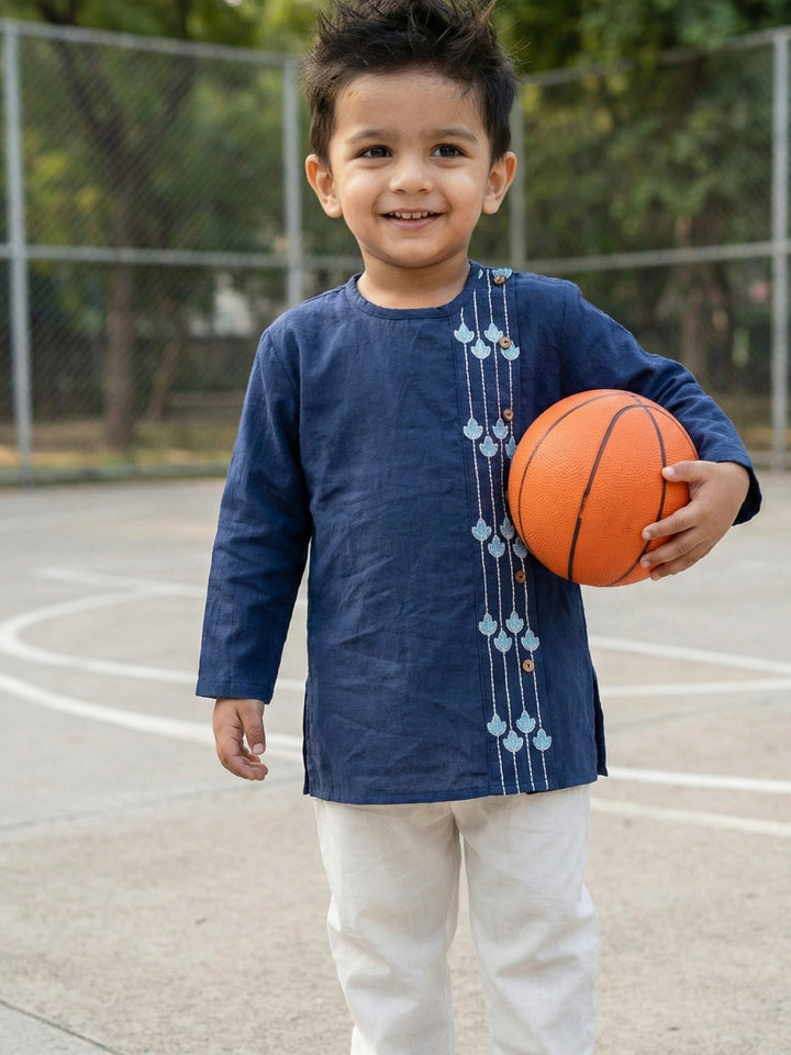 Navy Blue Embroidered Side Cut