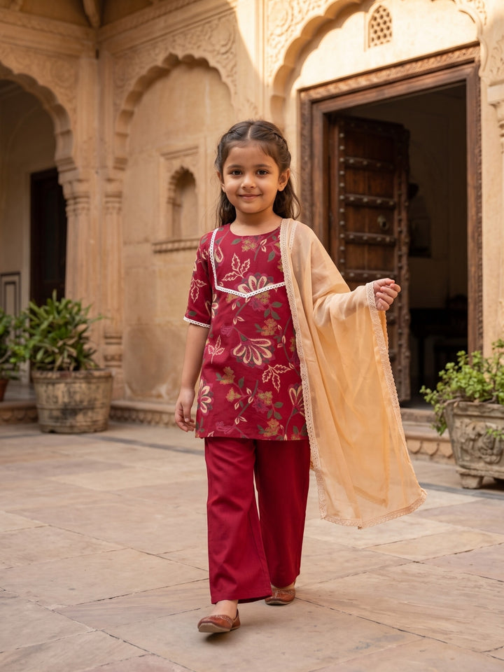 Red Floral Vine Print Kurti Set