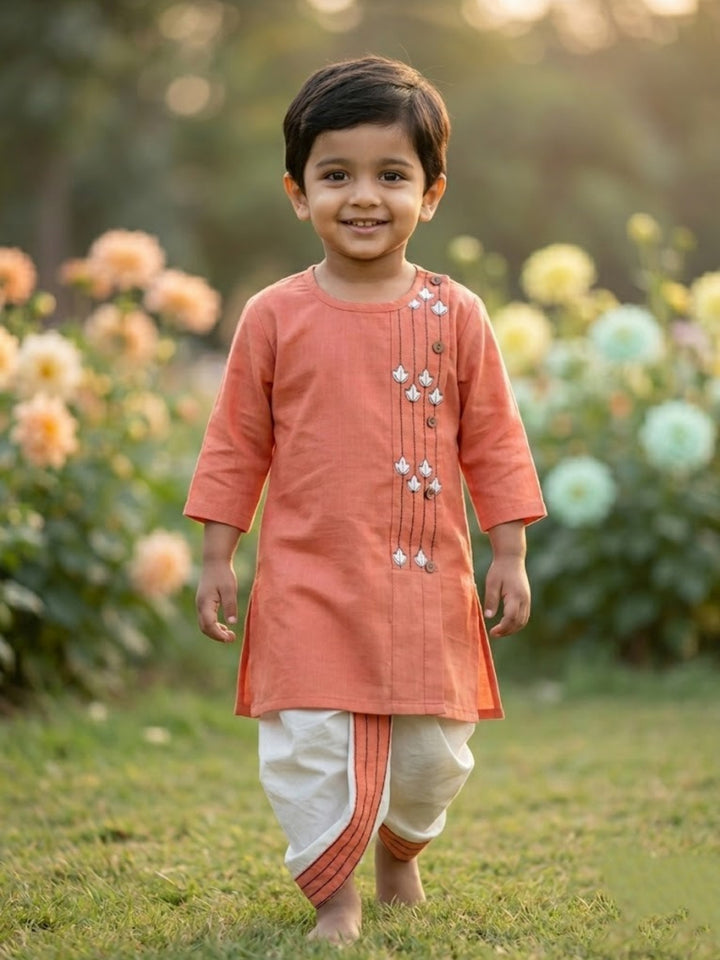 Coral Embroidered Kurta Dhoti Set