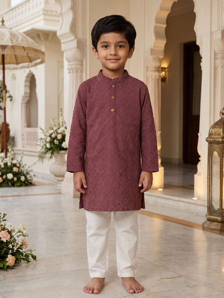 Wine Schiffli Embroidered Kurta Pajama