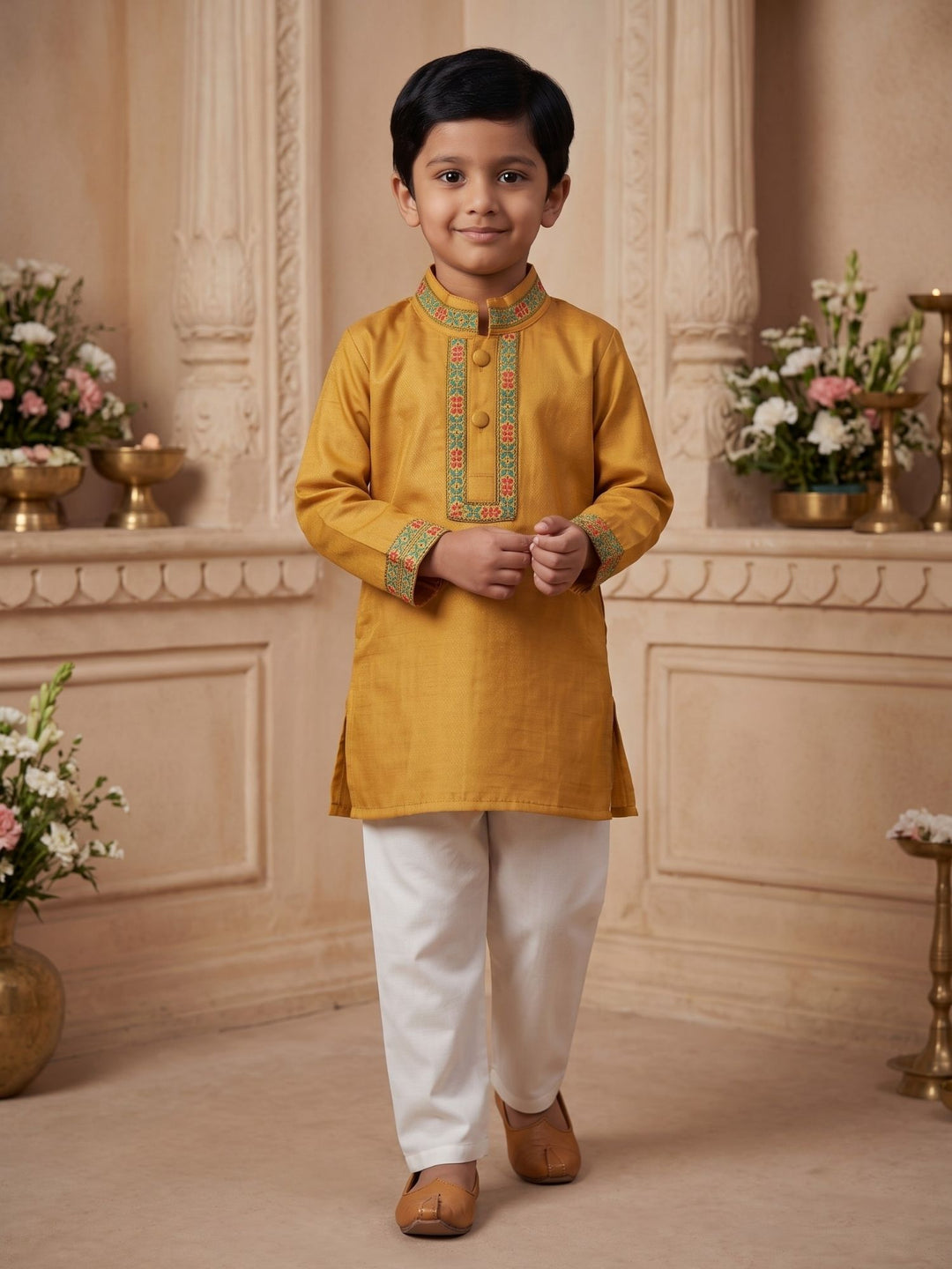 Yellow Mashru Embroidered Kurta Pajama