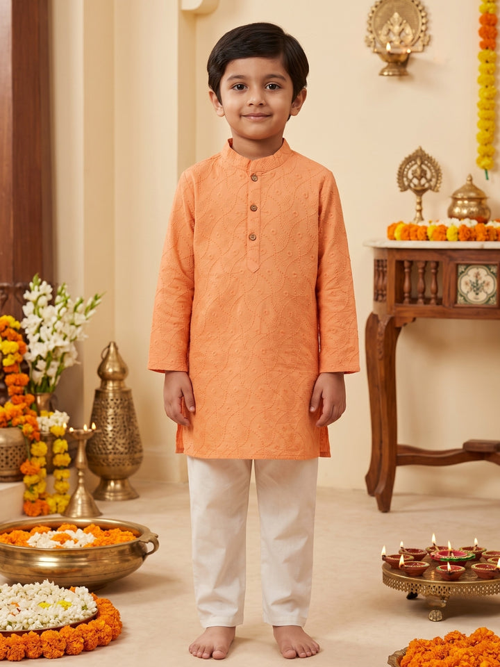 Peach Schiffli Embroidered Kurta Pajama