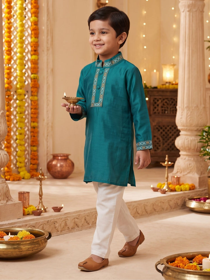 Blue Mashru Embroidered Kurta Pajama