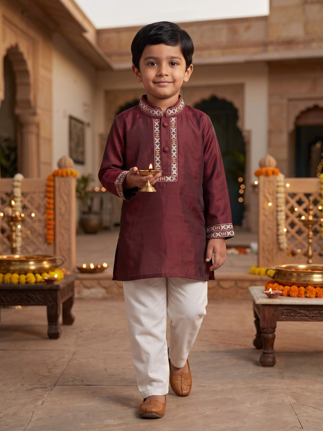 Maroon Mashru Embroidered Kurta Pajama