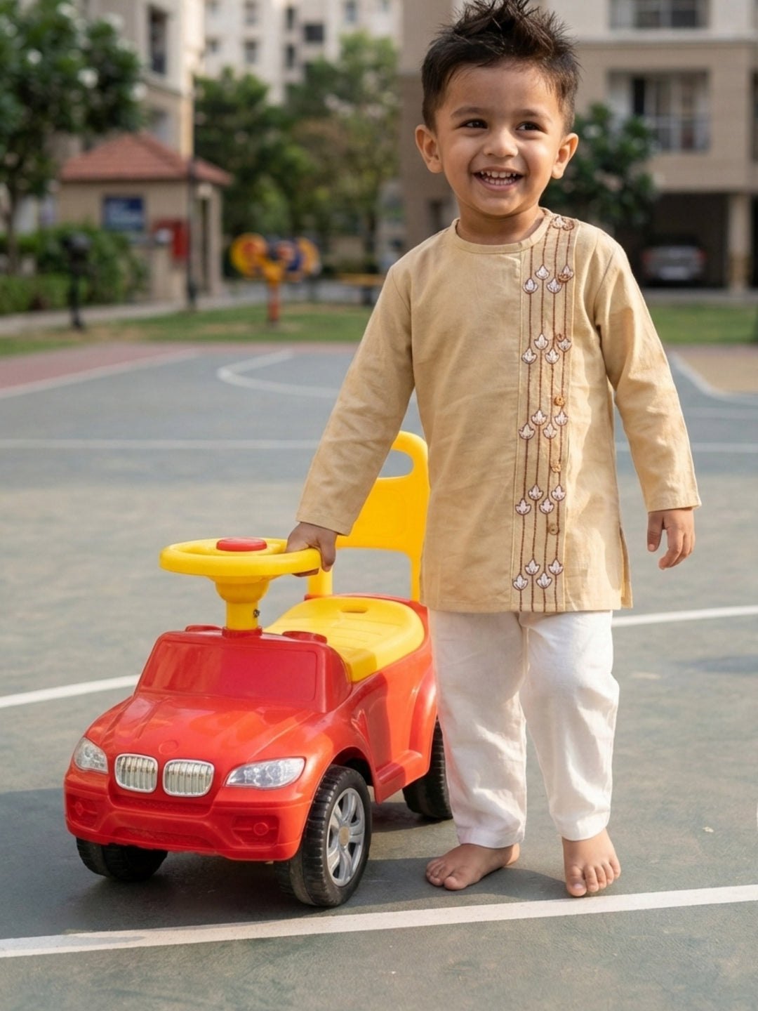 Beige Embroidered Side Cut