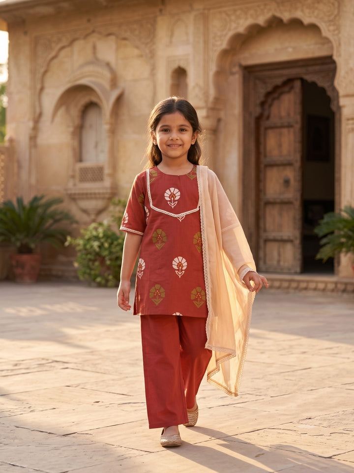 Red Floral Block Print Kurti Set