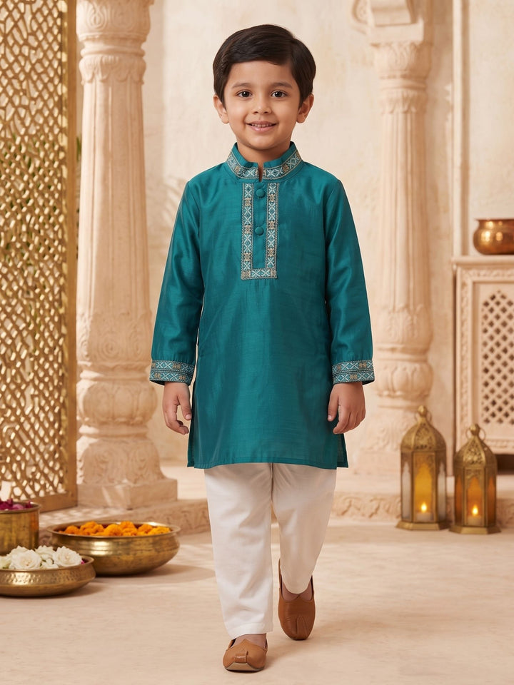 Blue Mashru Embroidered Kurta Pajama