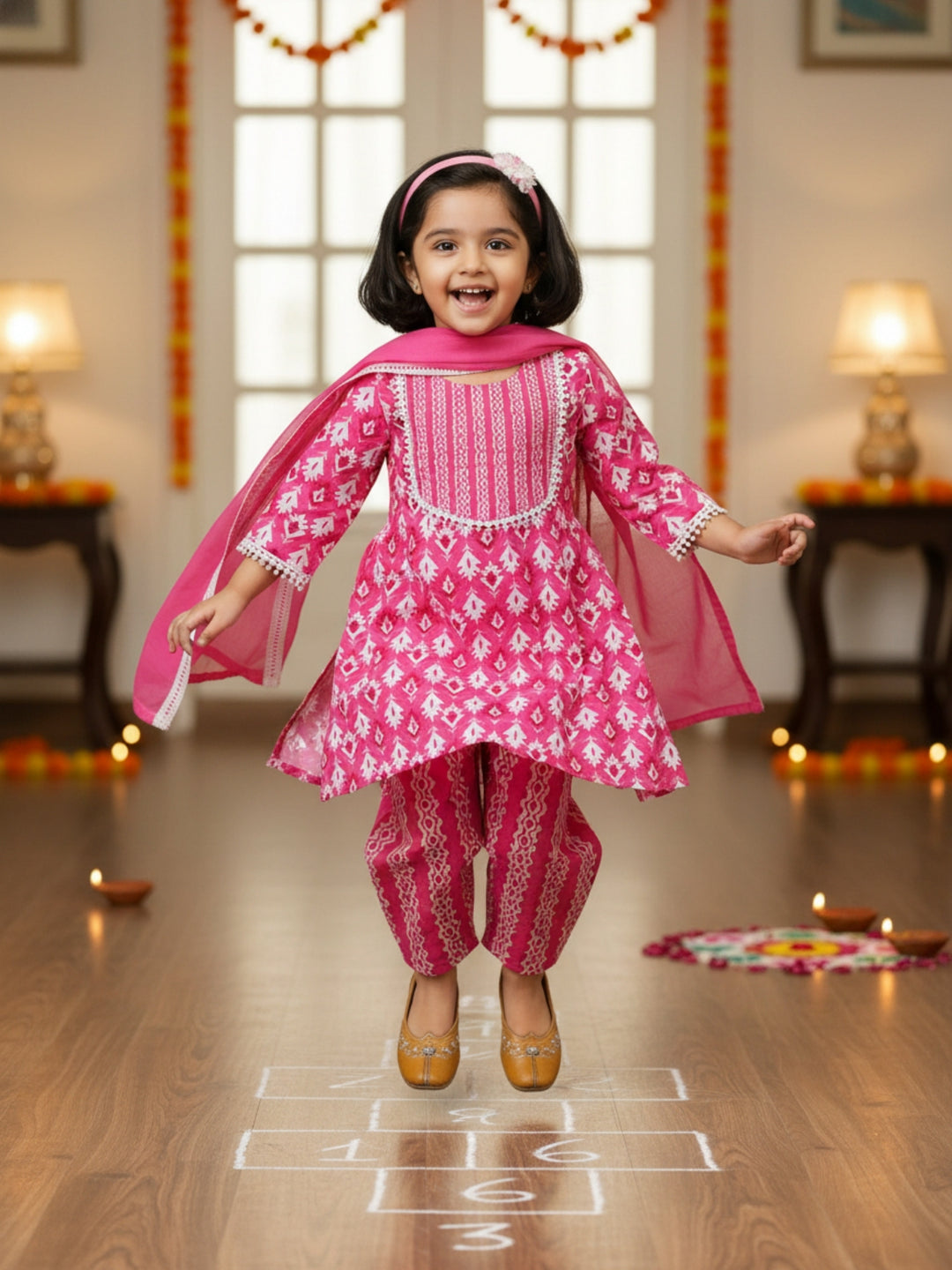 Pink Motif Print Kurti Set