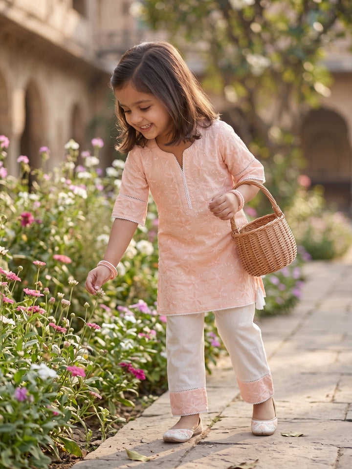 Peach Embroidered Kurti Set