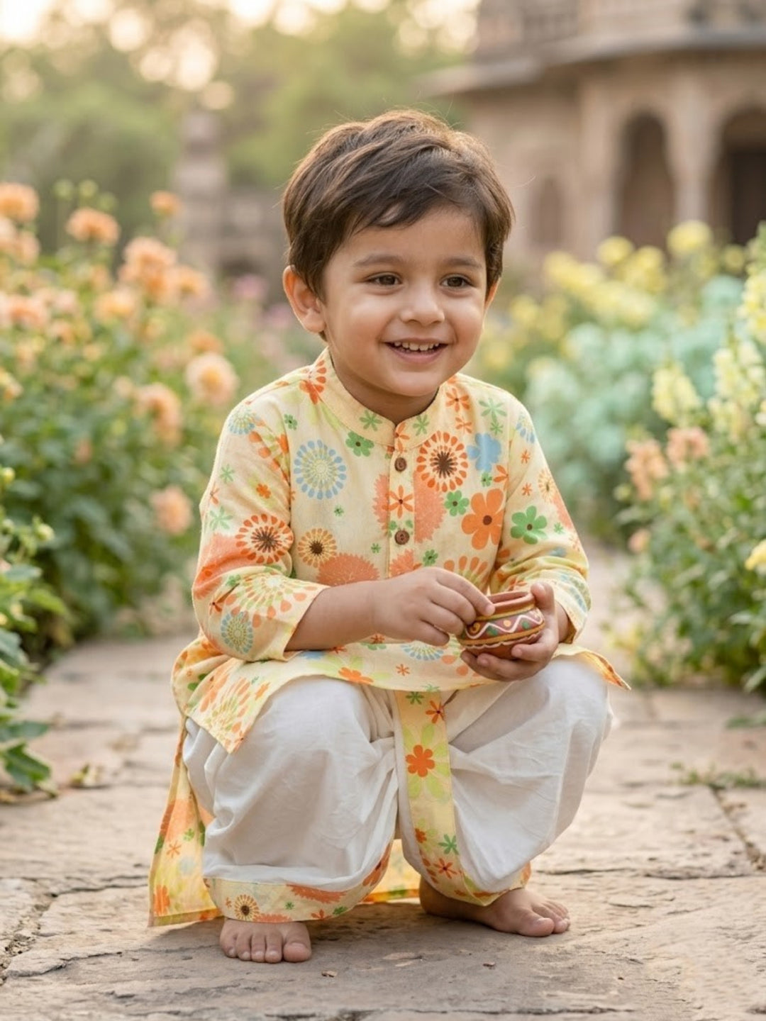 Yellow Floral Kurta Dhoti Set
