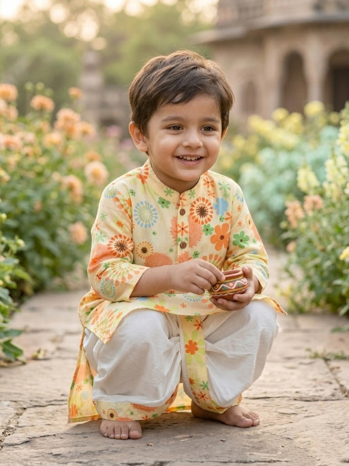 Yellow Floral Kurta Dhoti Set