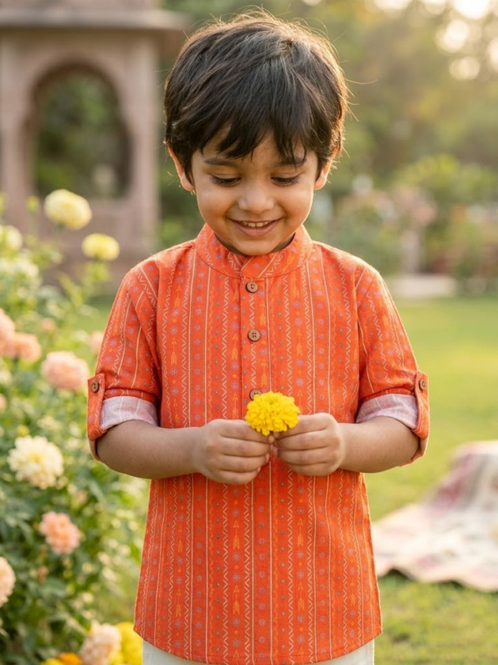Orange Tribal Motif Short Kurta