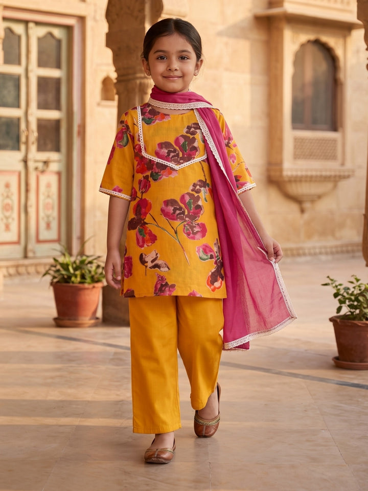 Mustard Water Color Floral Print Kurti Set