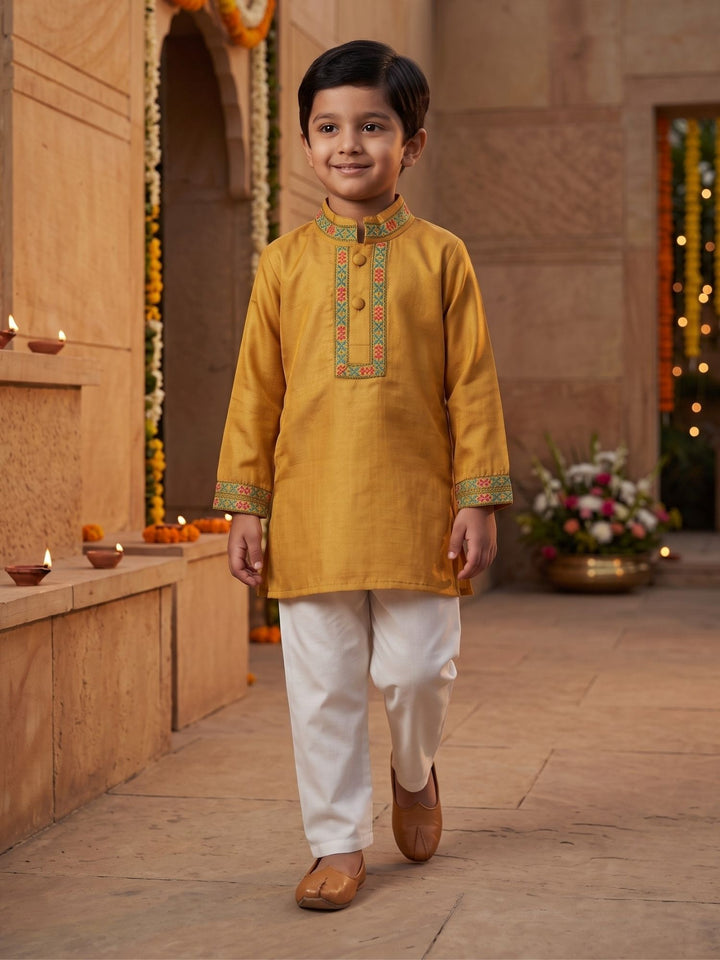 Yellow Mashru Embroidered Kurta Pajama
