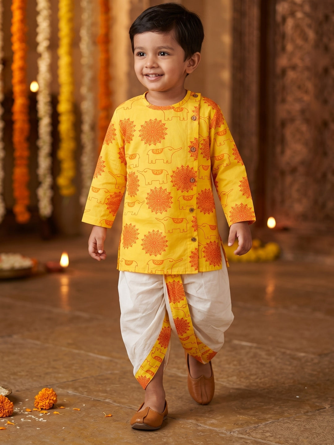 Yellow Elephant Mandala Kurta Dhoti Set