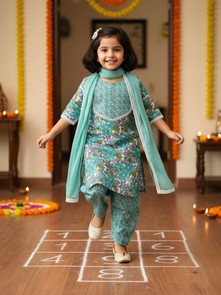 Blue Floral Print Kurti Set