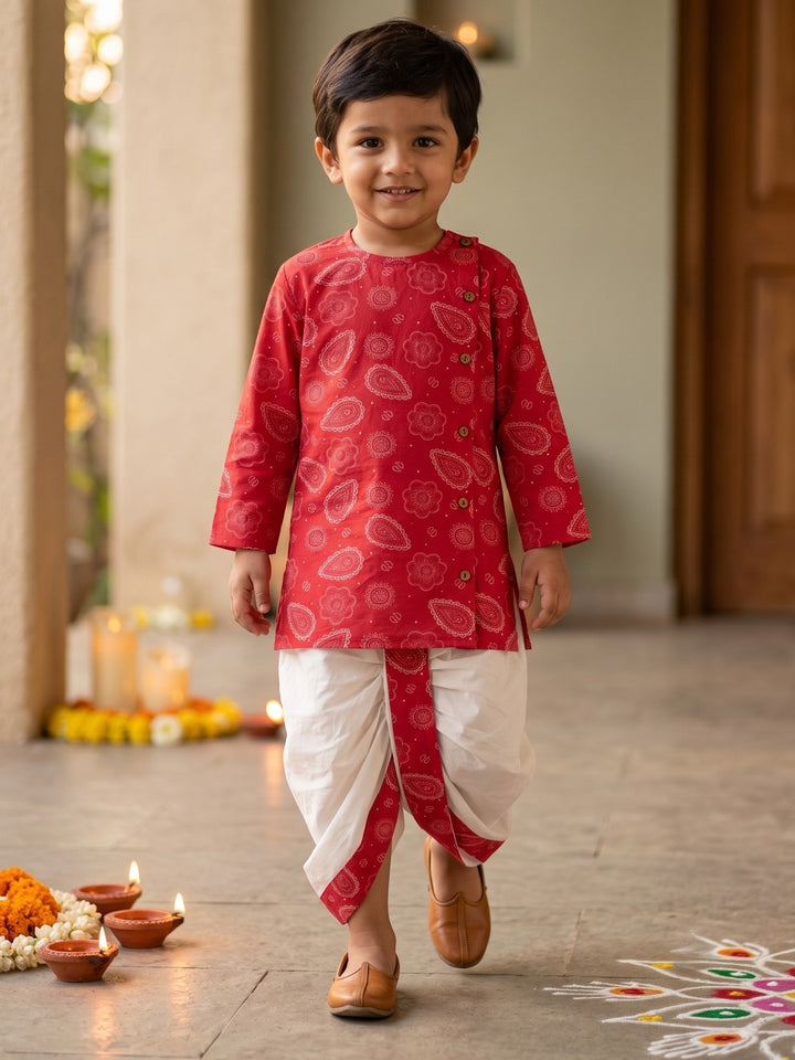 Red Bengali Paisley Kurta Dhoti Set
