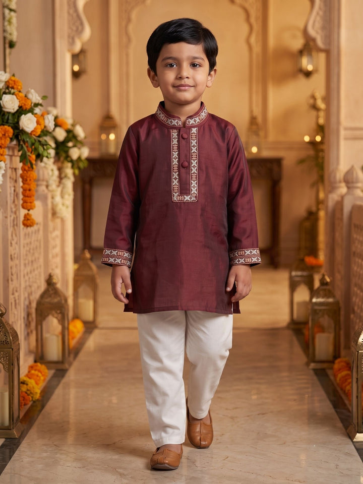 Maroon Mashru Embroidered Kurta Pajama