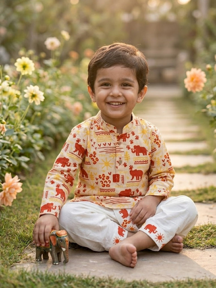 Elephant Motif Kurta Dhoti Set