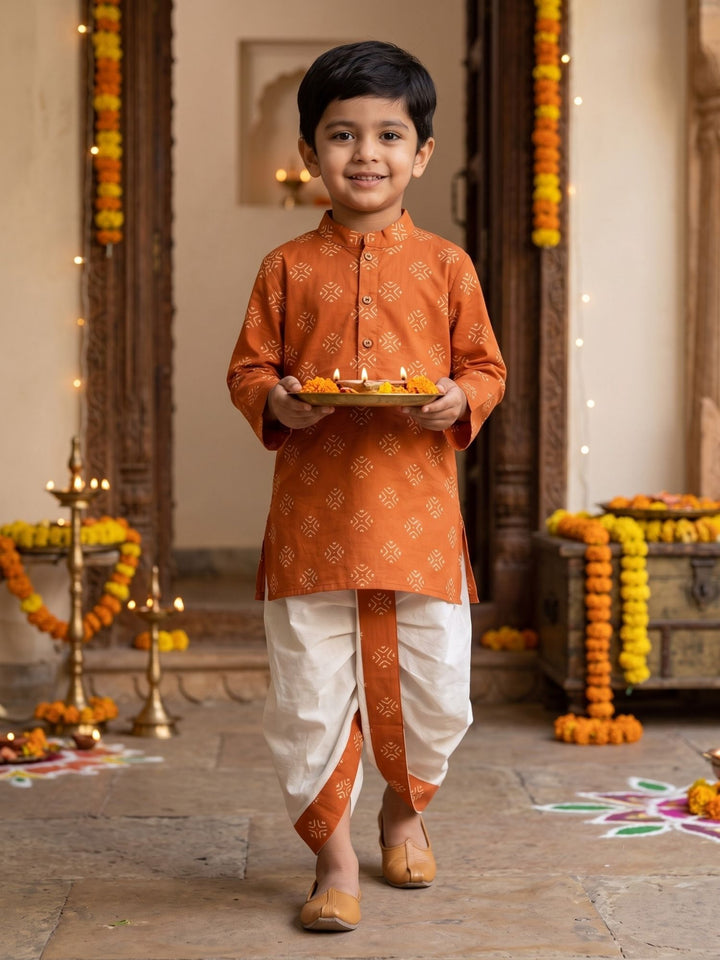 Rust Floral Butti Kurta Dhoti Set
