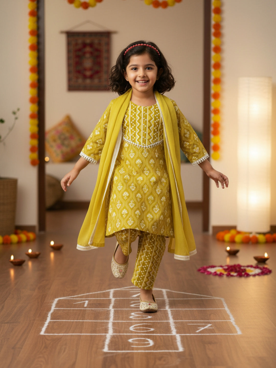 Mustard Motif Print Kurti Set