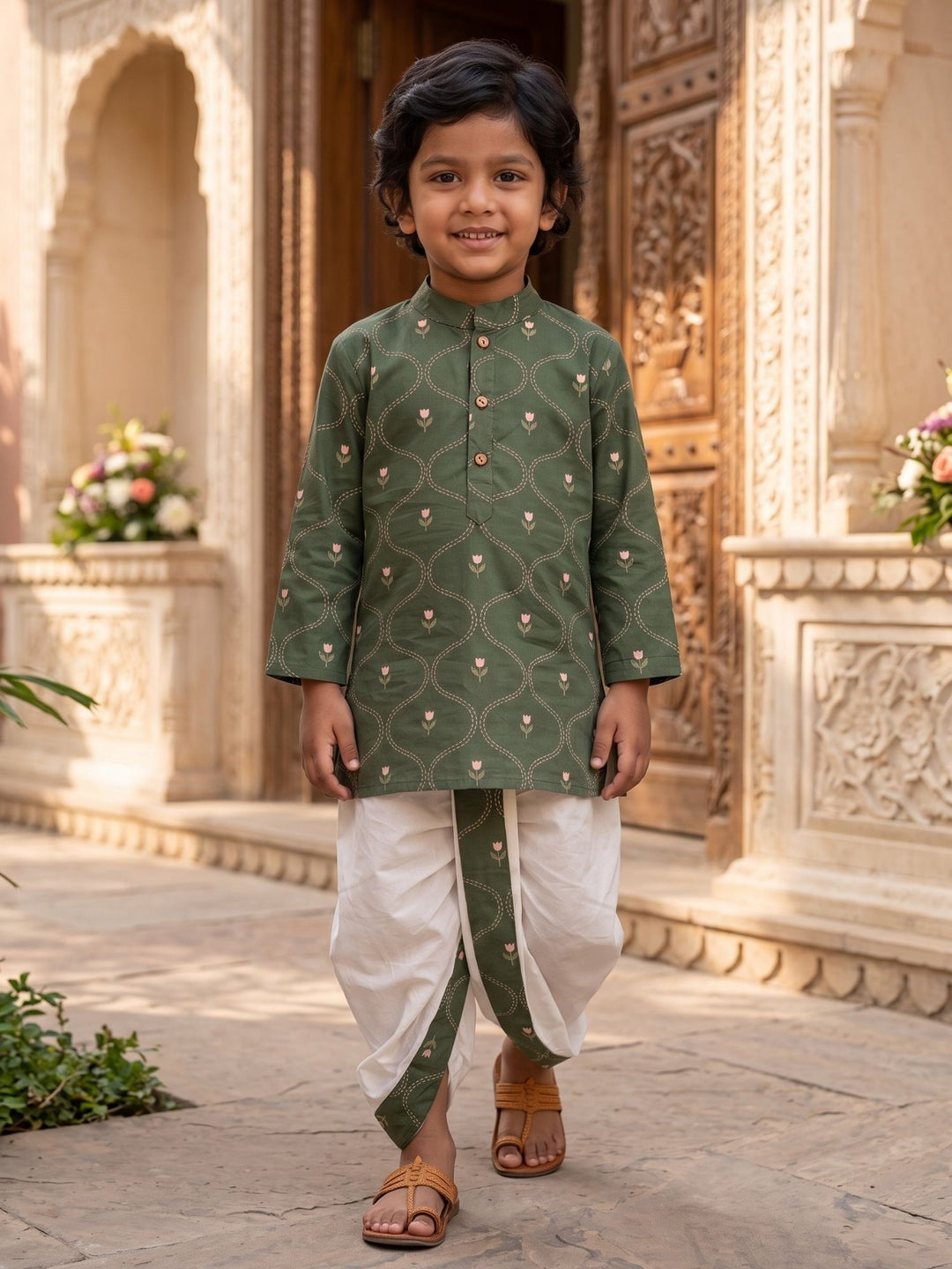 Olive Tulip Floral Bud Kurta Dhoti Set