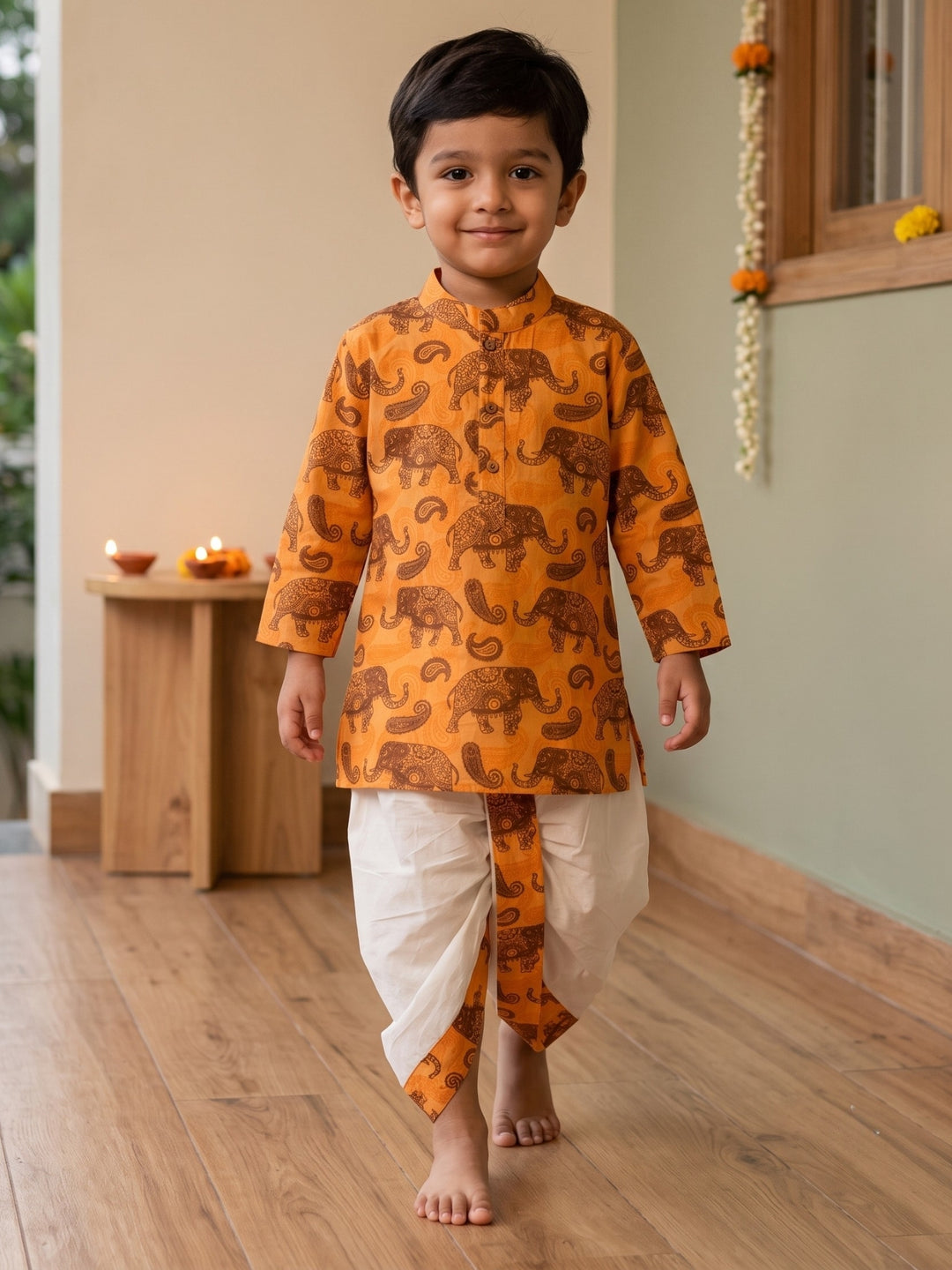 Orange Elephant Paisley Kurta Dhoti Set