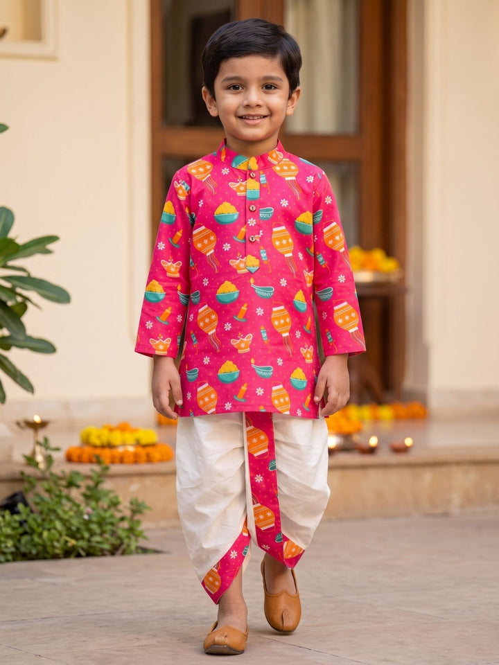 Pink Festive Motif Kurta Dhoti Set