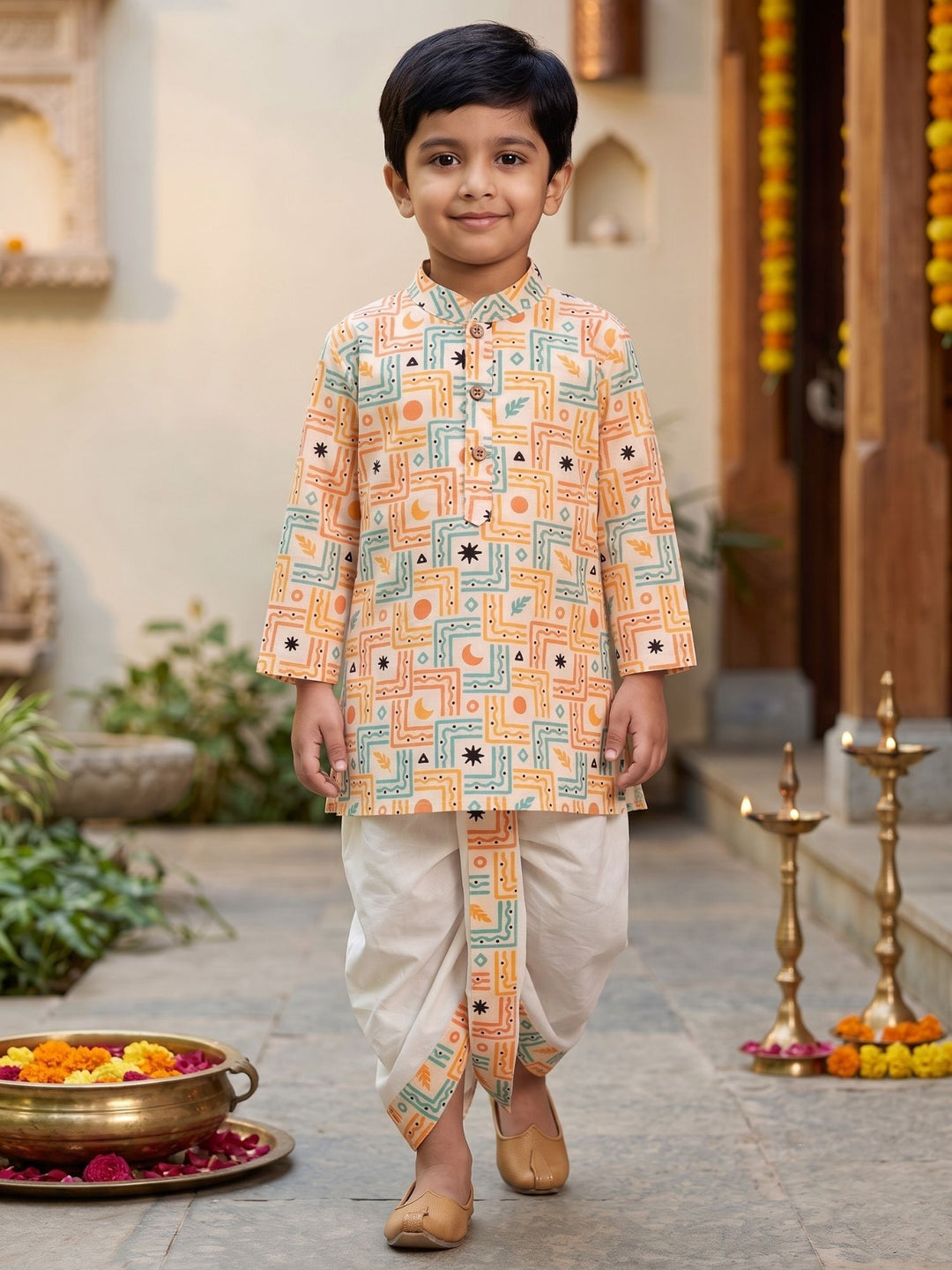 White Boho Geometric Kurta Dhoti Set