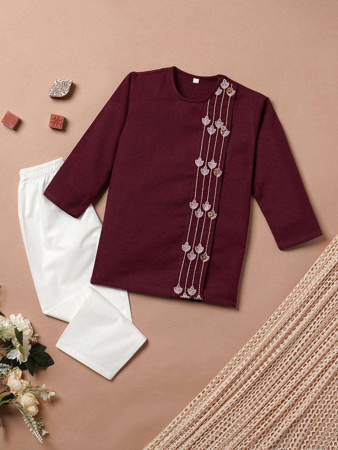 Maroon Embroidered Side Cut