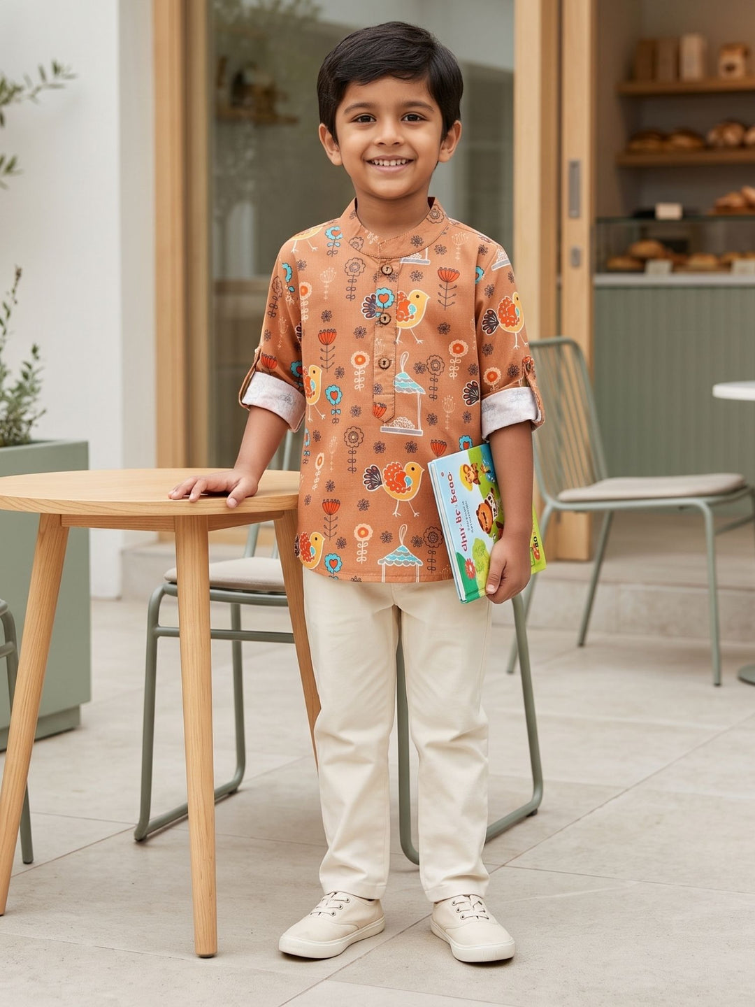 Brown Floral Bird Short Kurta