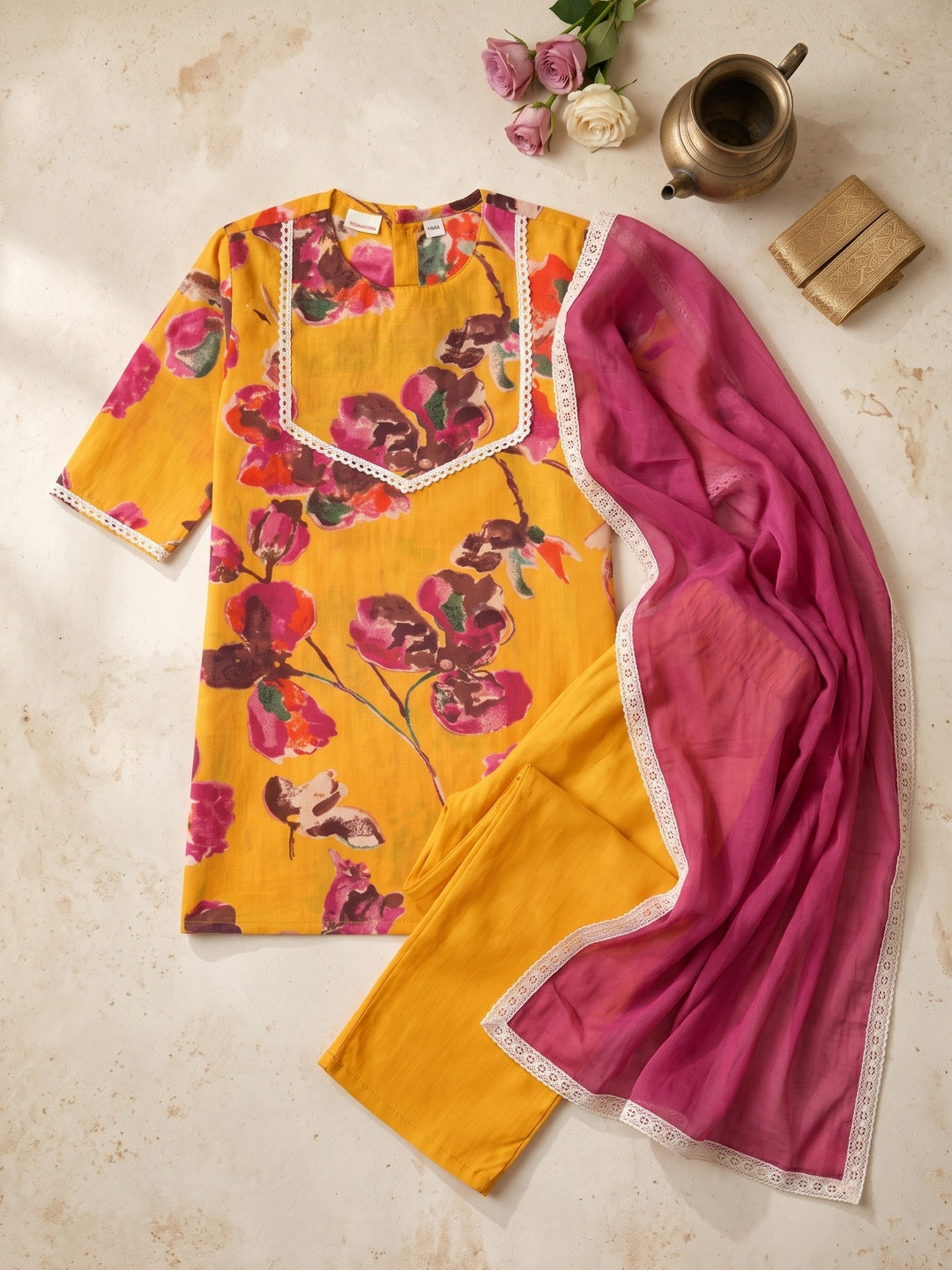 Mustard Water Color Floral Print Kurti Set