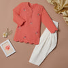 Kurta and Pajama (Dhoti Style) - Orange Embroidered with scallop pattern