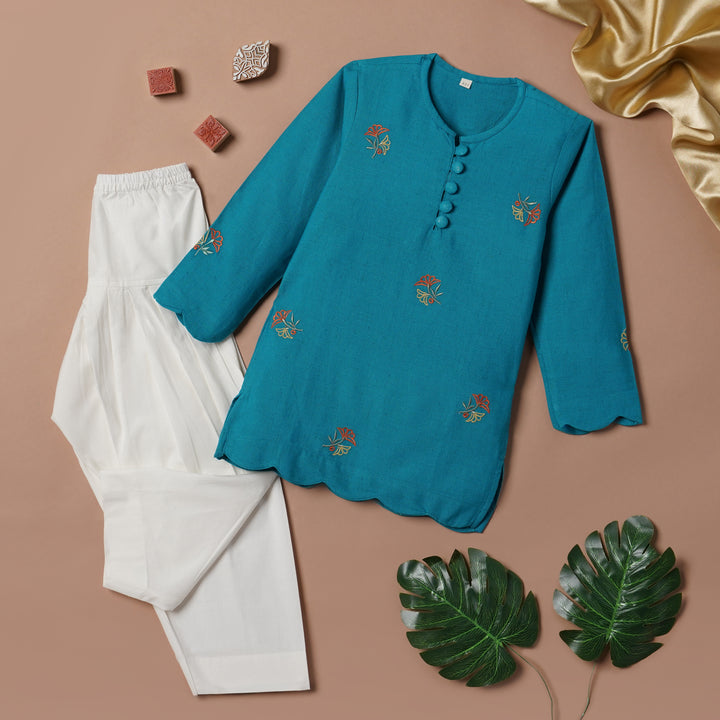 Kurta and Pajama (Dhoti Style) - Blue Embroidered with scallop pattern