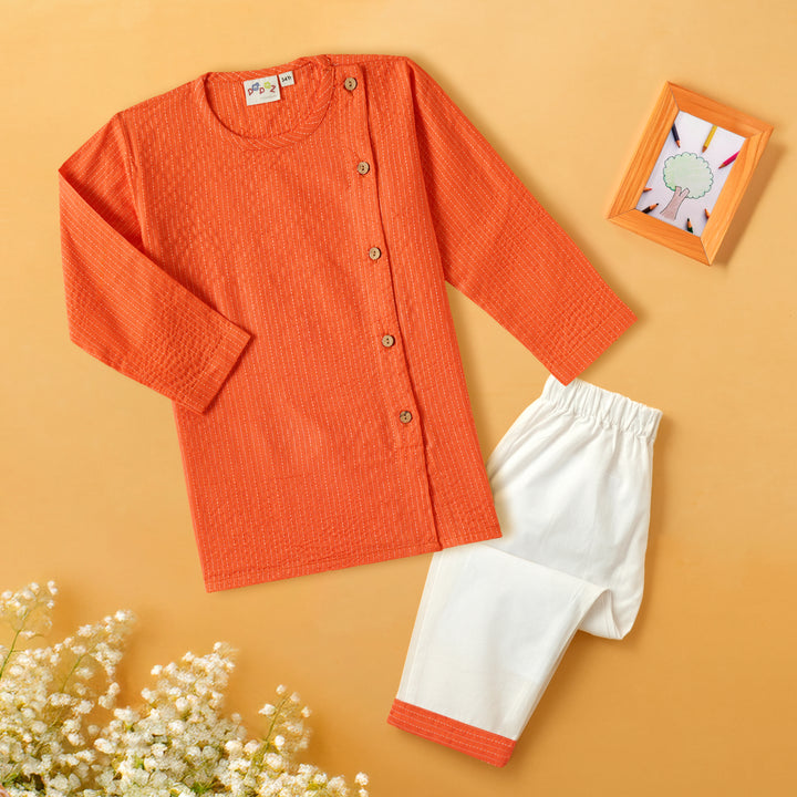 Kurta Pajama - Orange Katha Stitched Embroidered with Side Cut