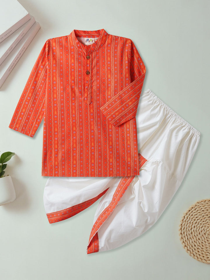 Orange Tribal Motif Kurta Dhoti Set