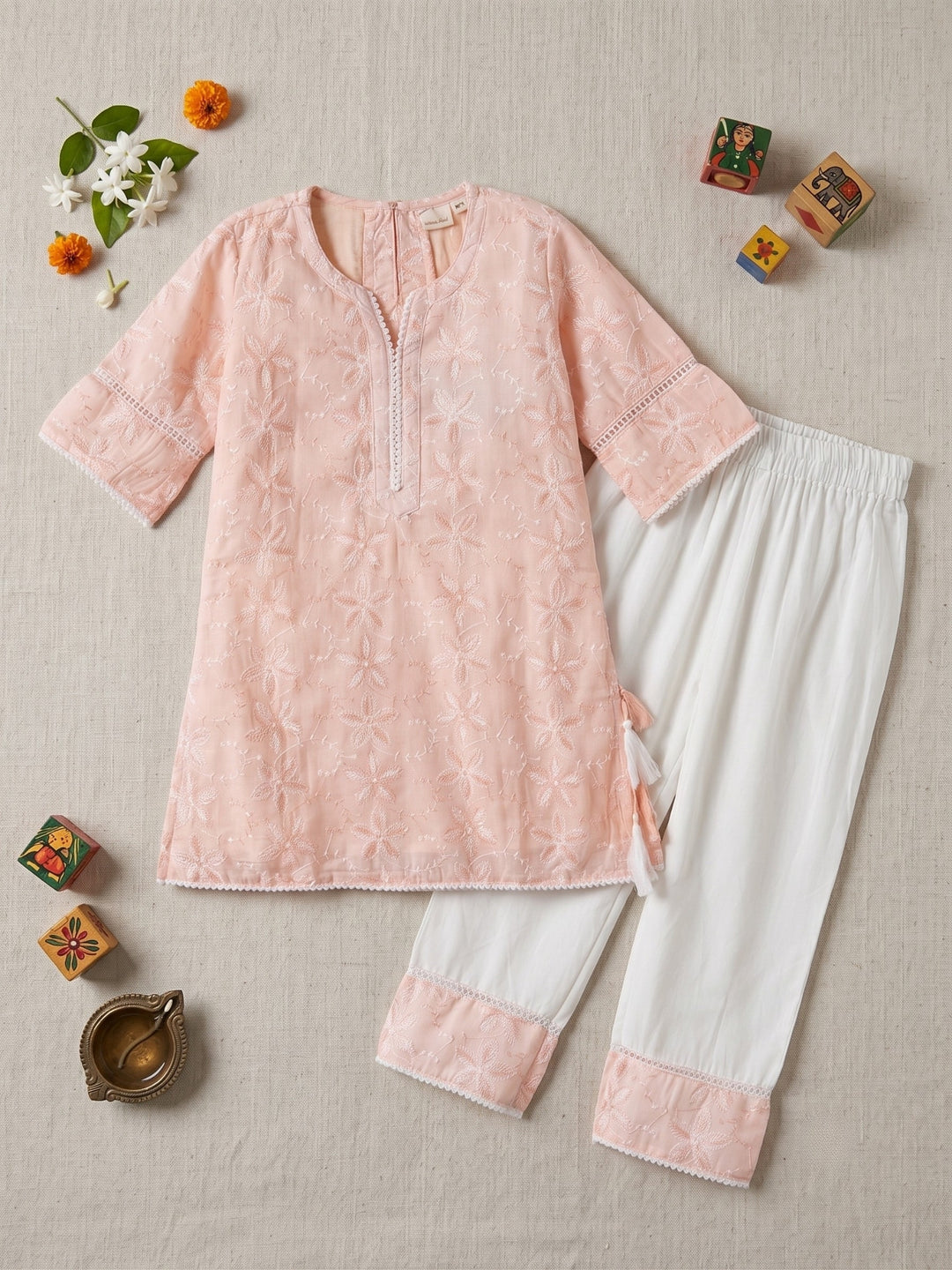 Peach Embroidered Kurti Set