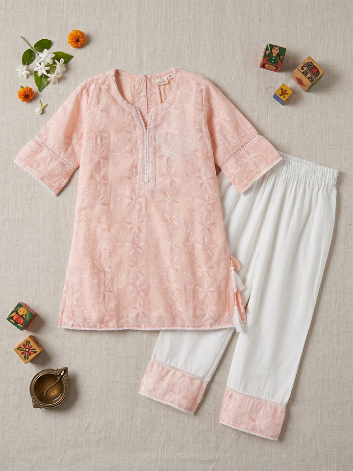 Peach Embroidered Kurti Set