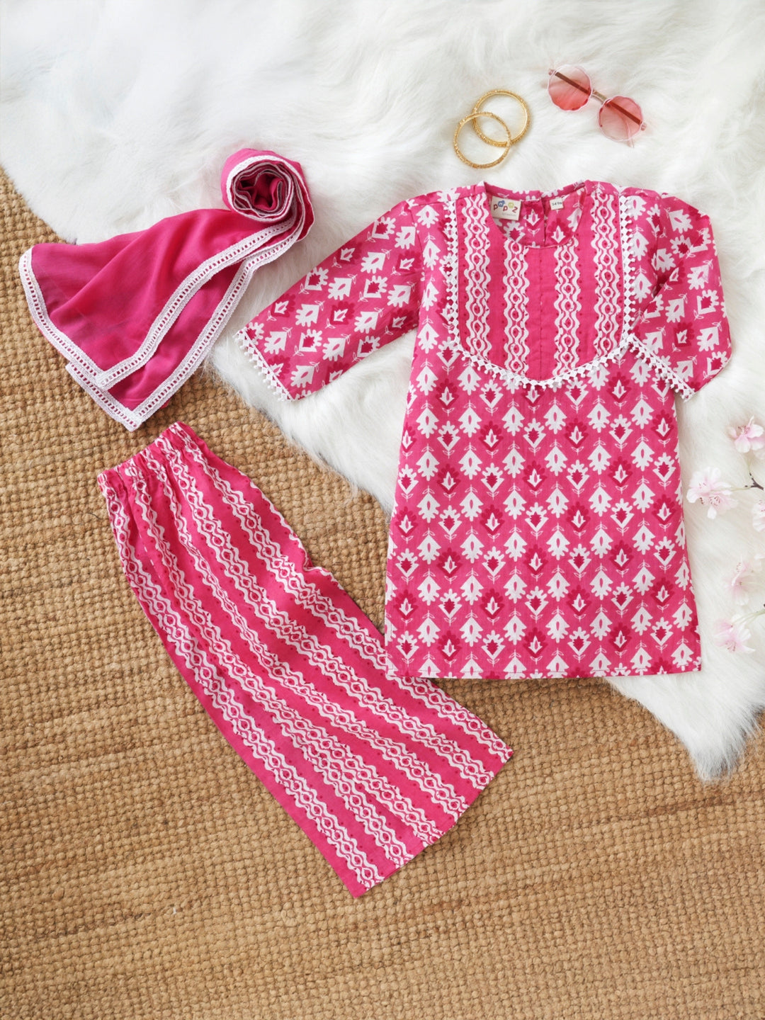 Pink Motif Print Kurti Set