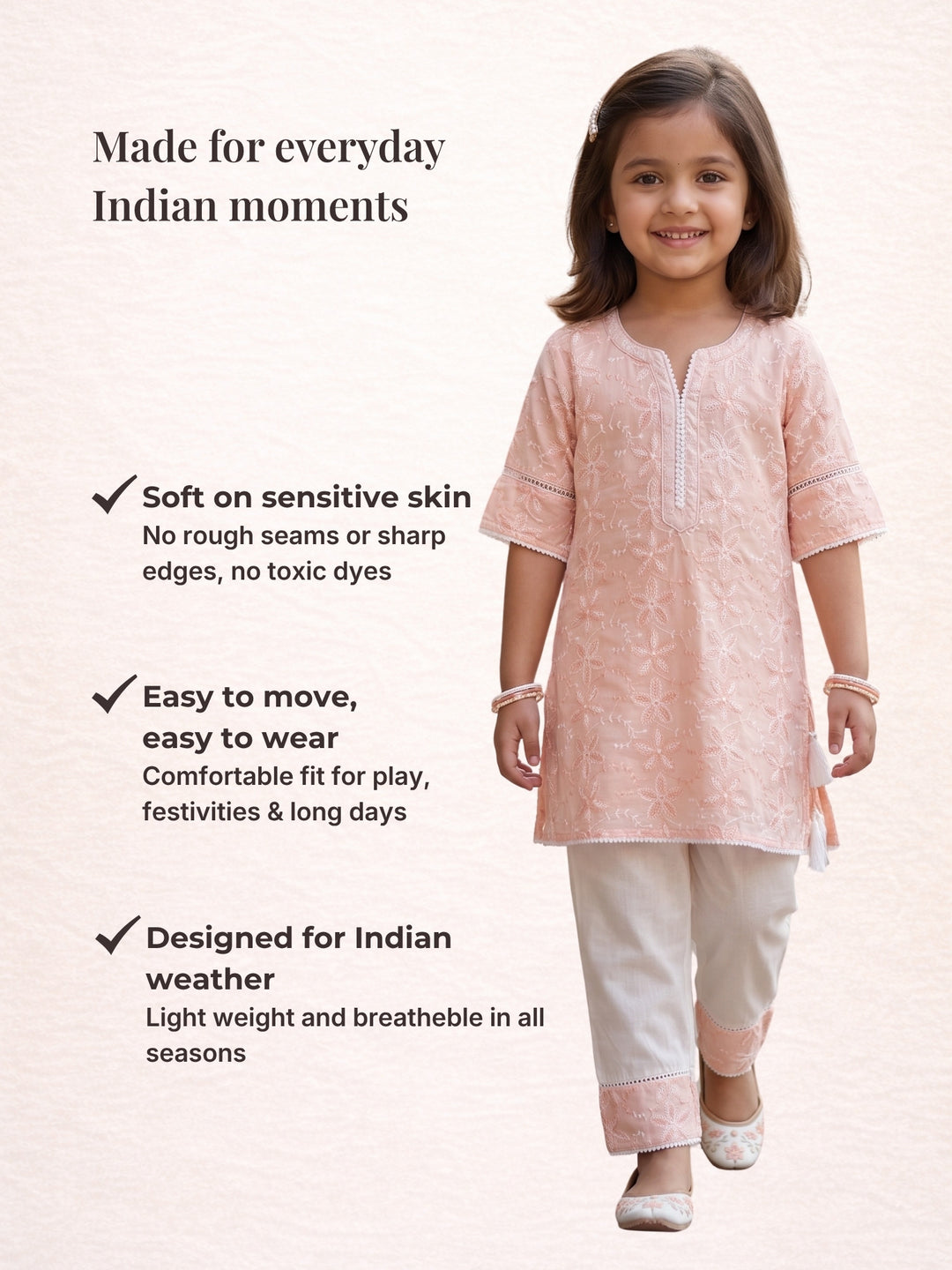 Peach Embroidered Kurti Set