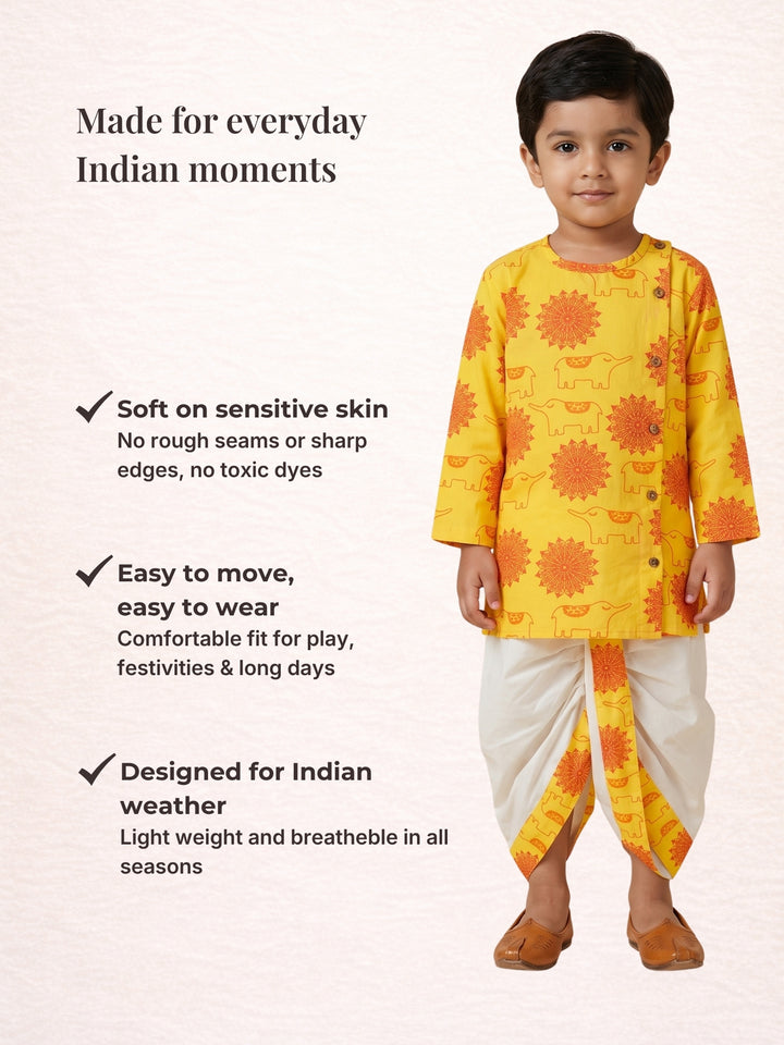 Yellow Elephant Mandala Kurta Dhoti Set