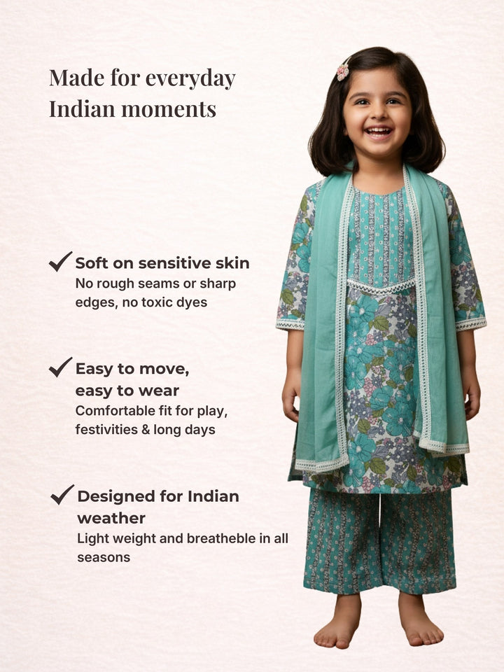 Blue Floral Print Kurti Set