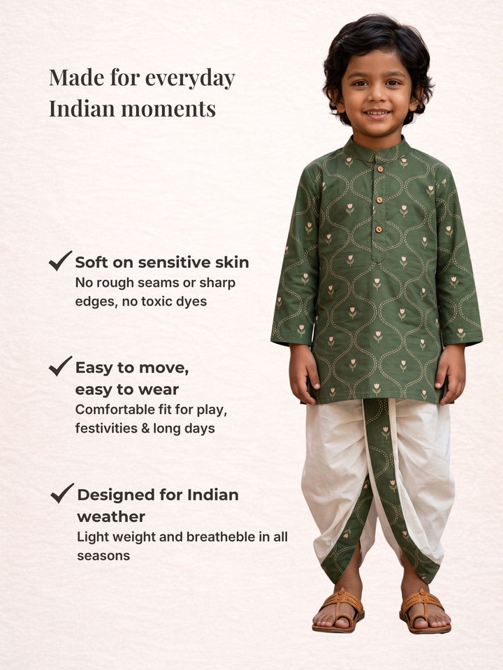 Olive Tulip Floral Bud Kurta Dhoti Set