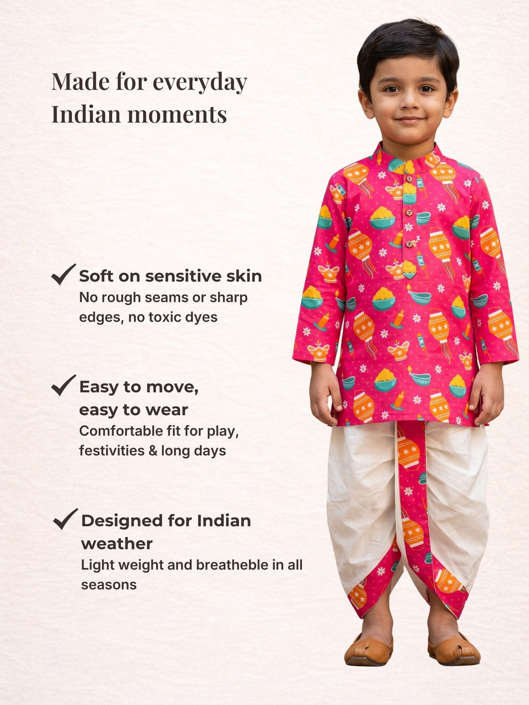 Pink Festive Motif Kurta Dhoti Set