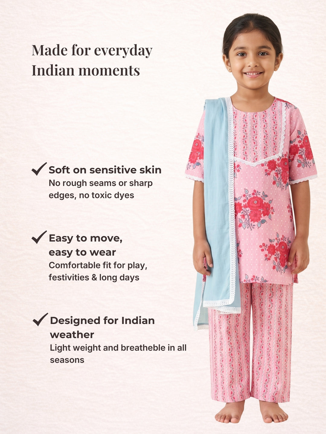 Pink Floral Buds Print Kurti Set