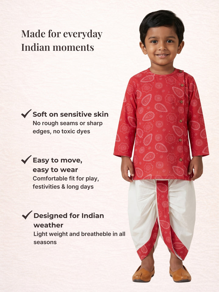 Red Bengali Paisley Kurta Dhoti Set