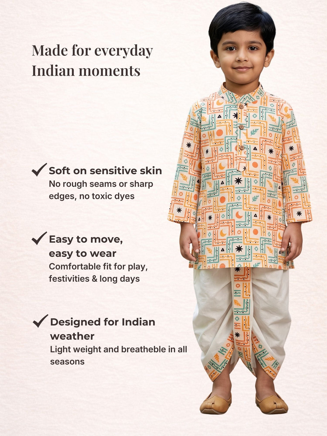 White Boho Geometric Kurta Dhoti Set
