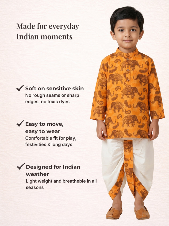 Orange Elephant Paisley Kurta Dhoti Set