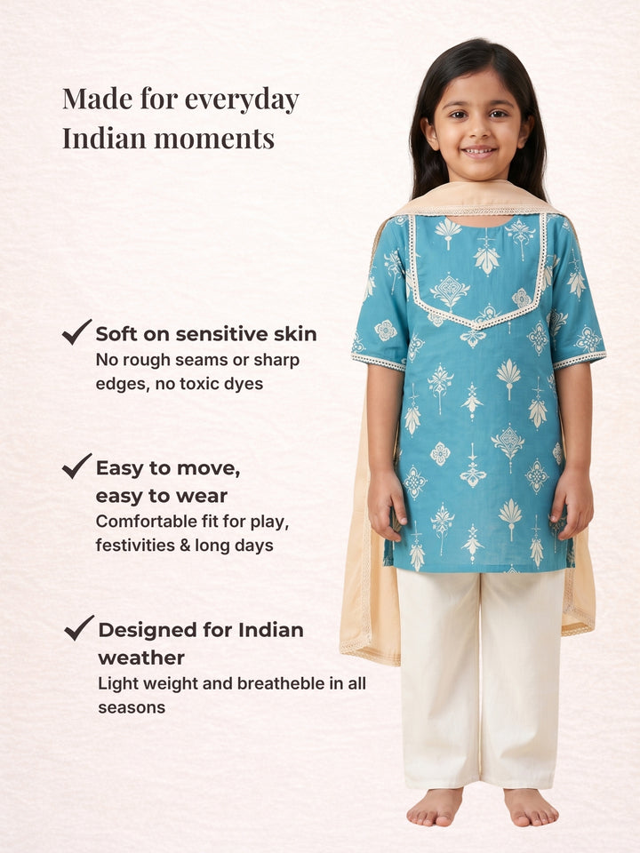 Teal Floral Print Kurti Set