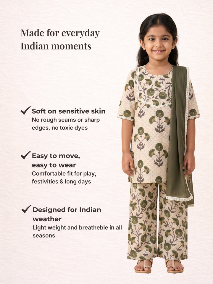 Cream Floral Motif Print Kurti Set